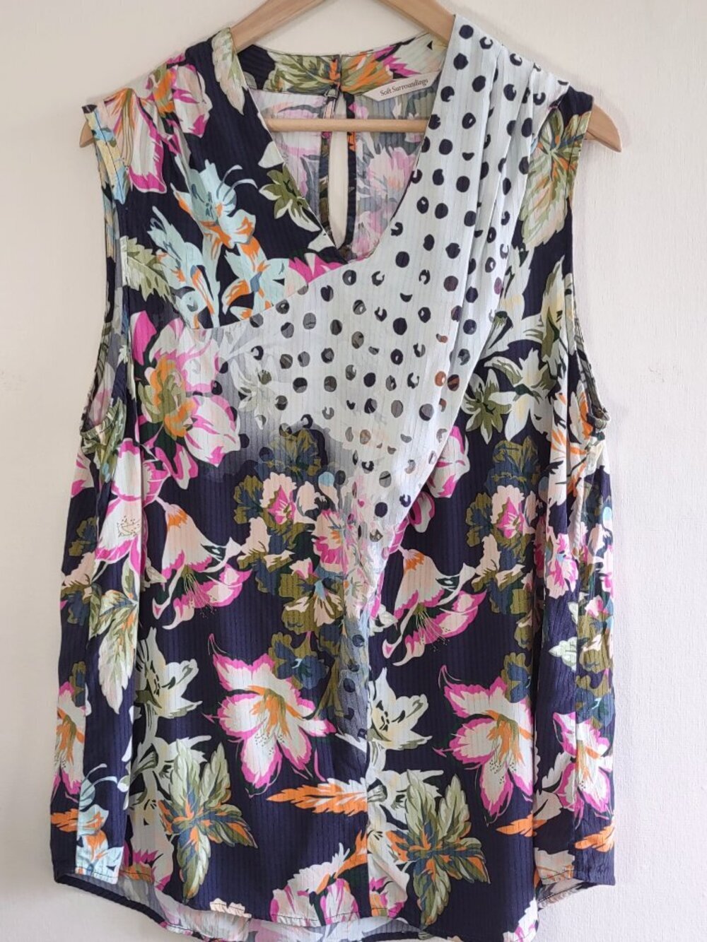 Soft Surroundings Floral Polka Dot Top Sz Large Euro Summer Resort Boho Cottage